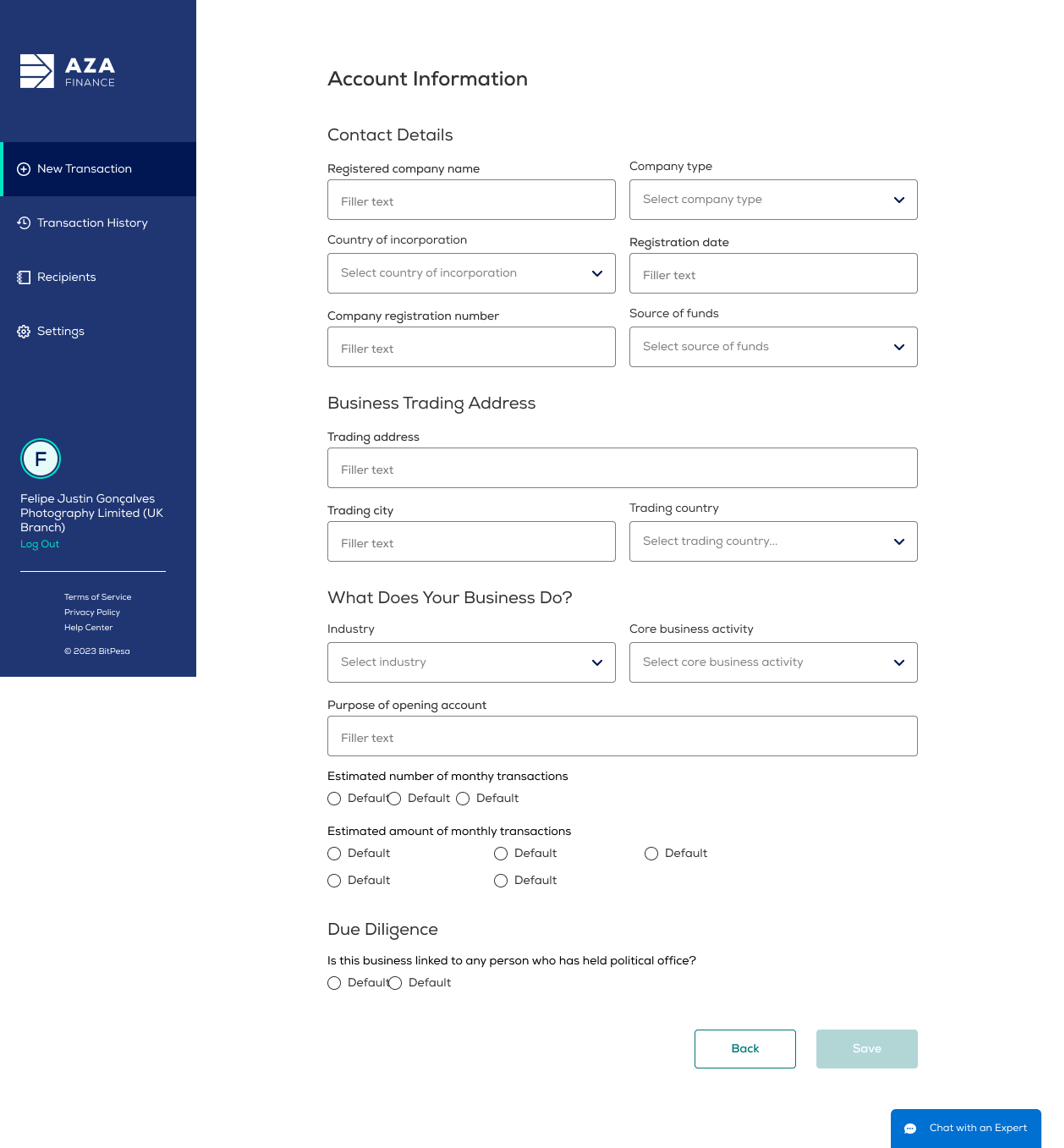 Account Information screen grouped into Contact Details, Business Trading Address, What Does Your Business Do, and Due Diligence sections.