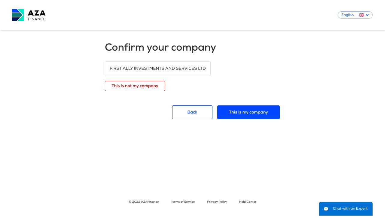Confirm your company screen showing the matched legal entity name with This is my company and This is not my company options.