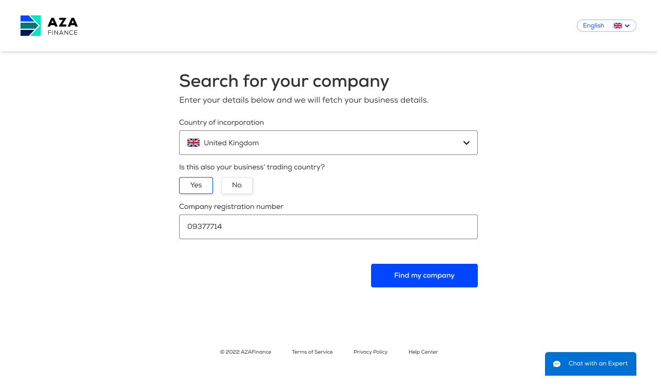 The business verification step of the AZA onboarding flow, with a company search field.