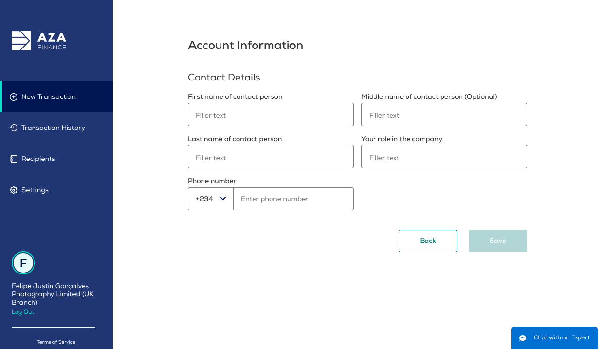 Account Information contact details screen with first, middle and last name, role in company, and phone number fields.