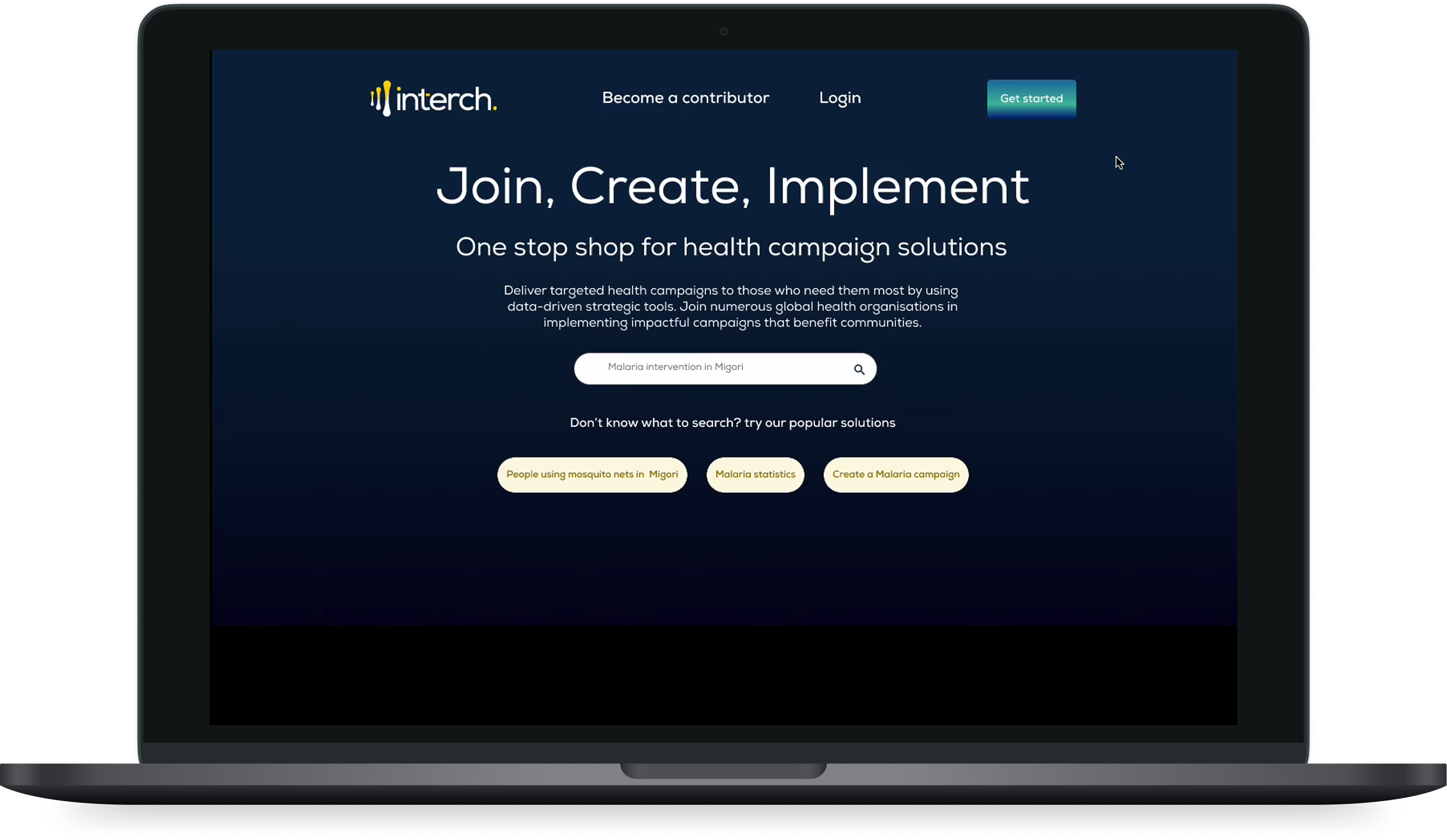 The interch landing page on a laptop: Join, Create, Implement, one stop shop for health campaign solutions, with a search field and popular solutions.