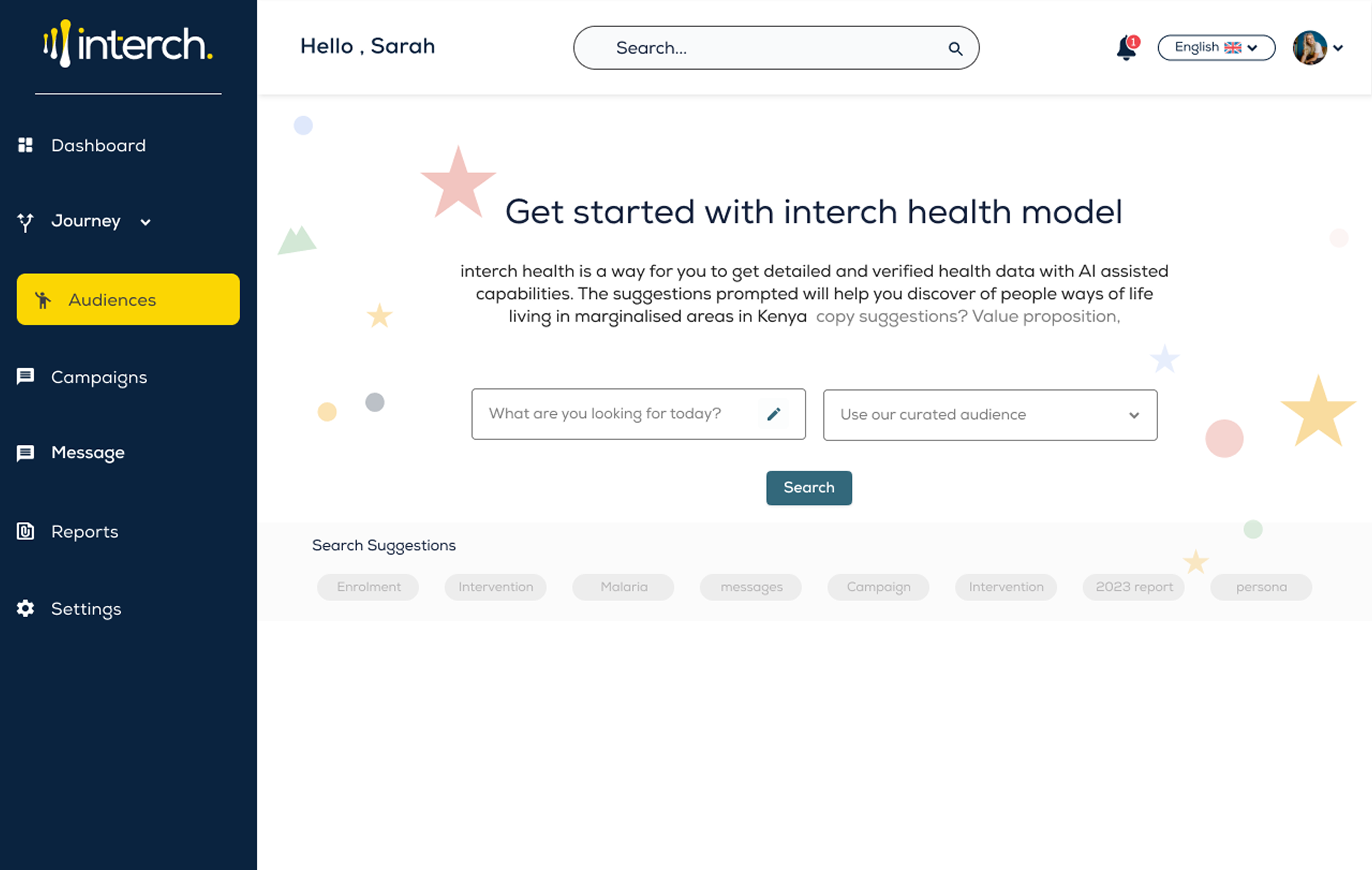 Get started with interch health model: a search field, a curated audience selector, and search suggestions for enrolment, intervention, malaria, messages, campaign and persona.