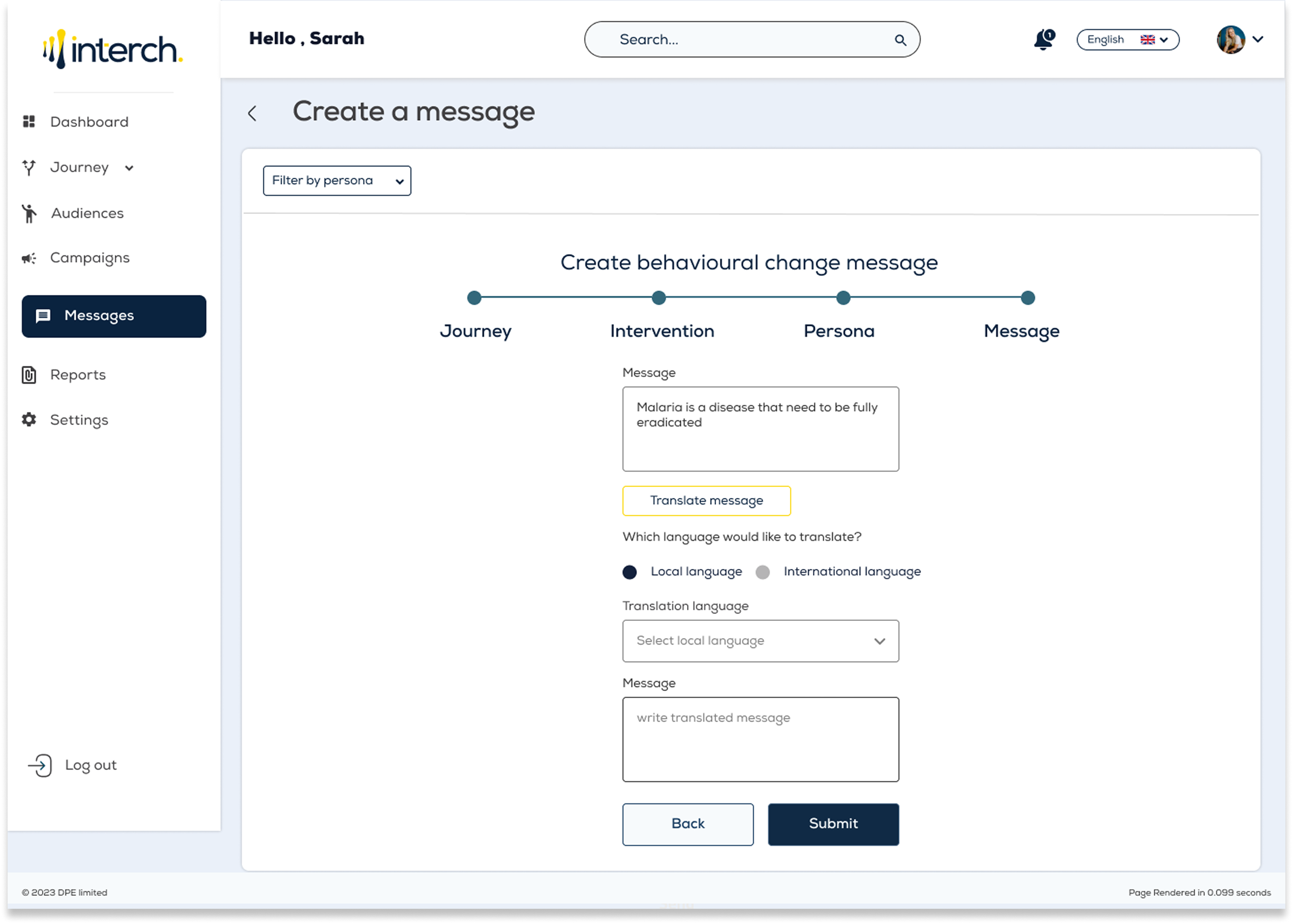 Mid-fidelity create a message: a four-step journey, intervention, persona, message flow with message text and local or international translation.
