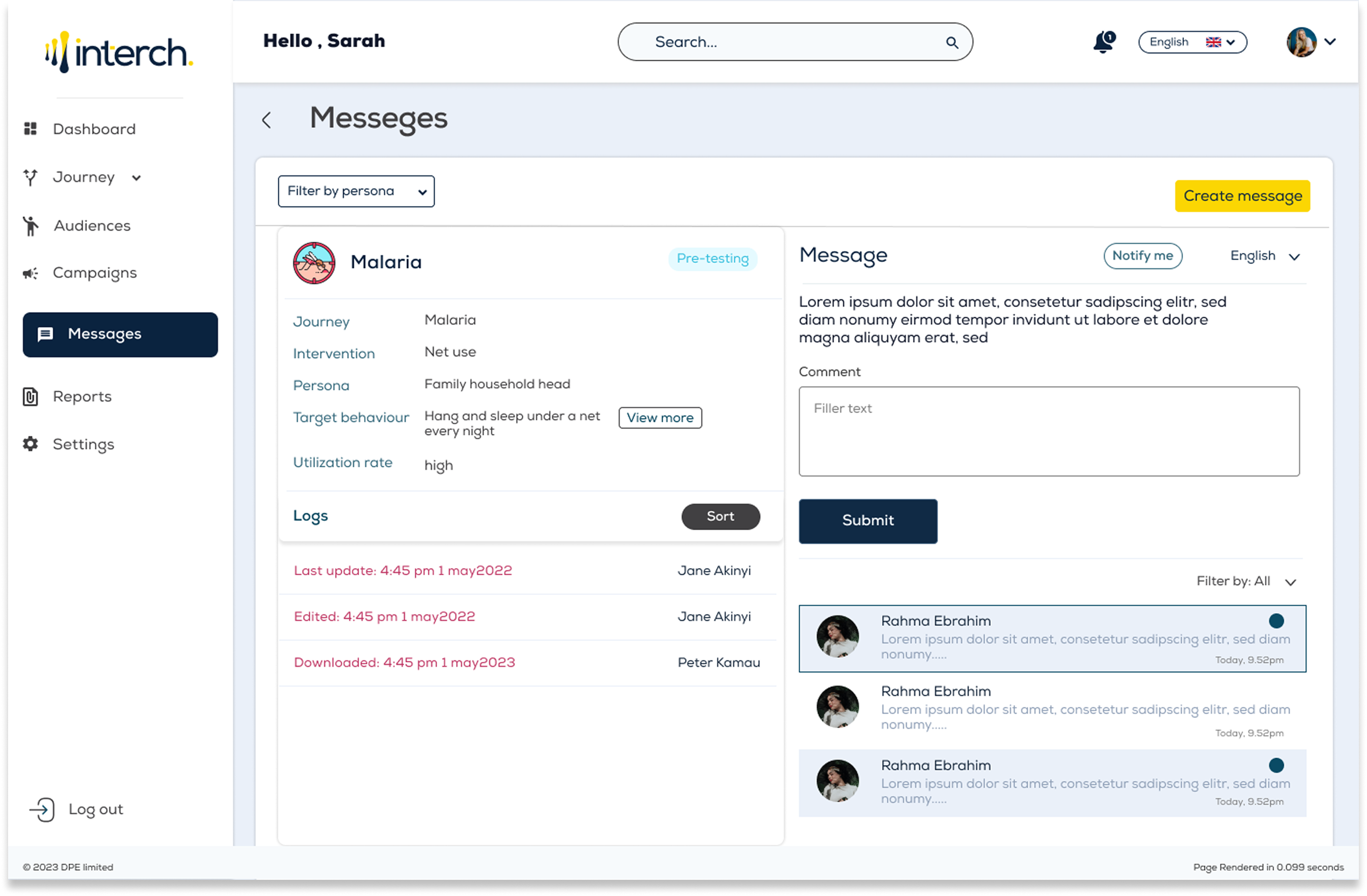 Mid-fidelity messages: a Malaria message with journey, intervention, persona and target behaviour, its change log, and a comment thread.