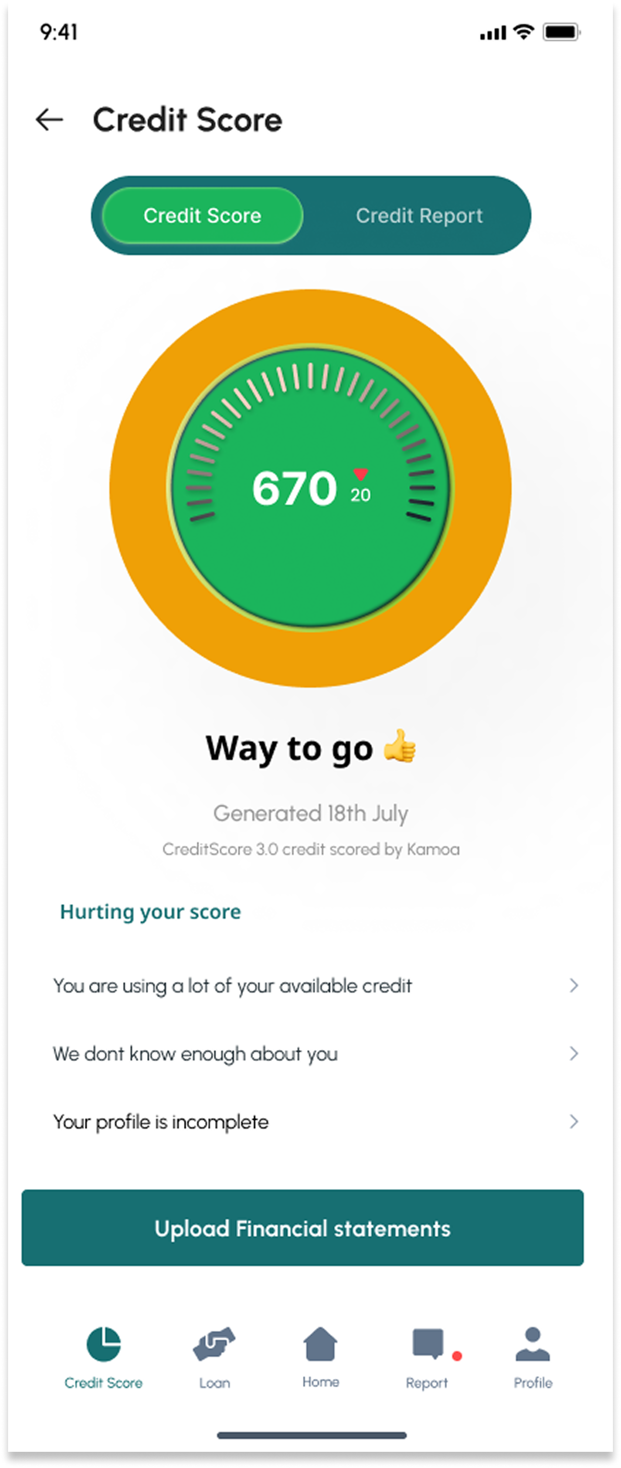 Credit Score screen with a 670 dial, Way to go, generation date, three items hurting the score, and an Upload Financial statements button.