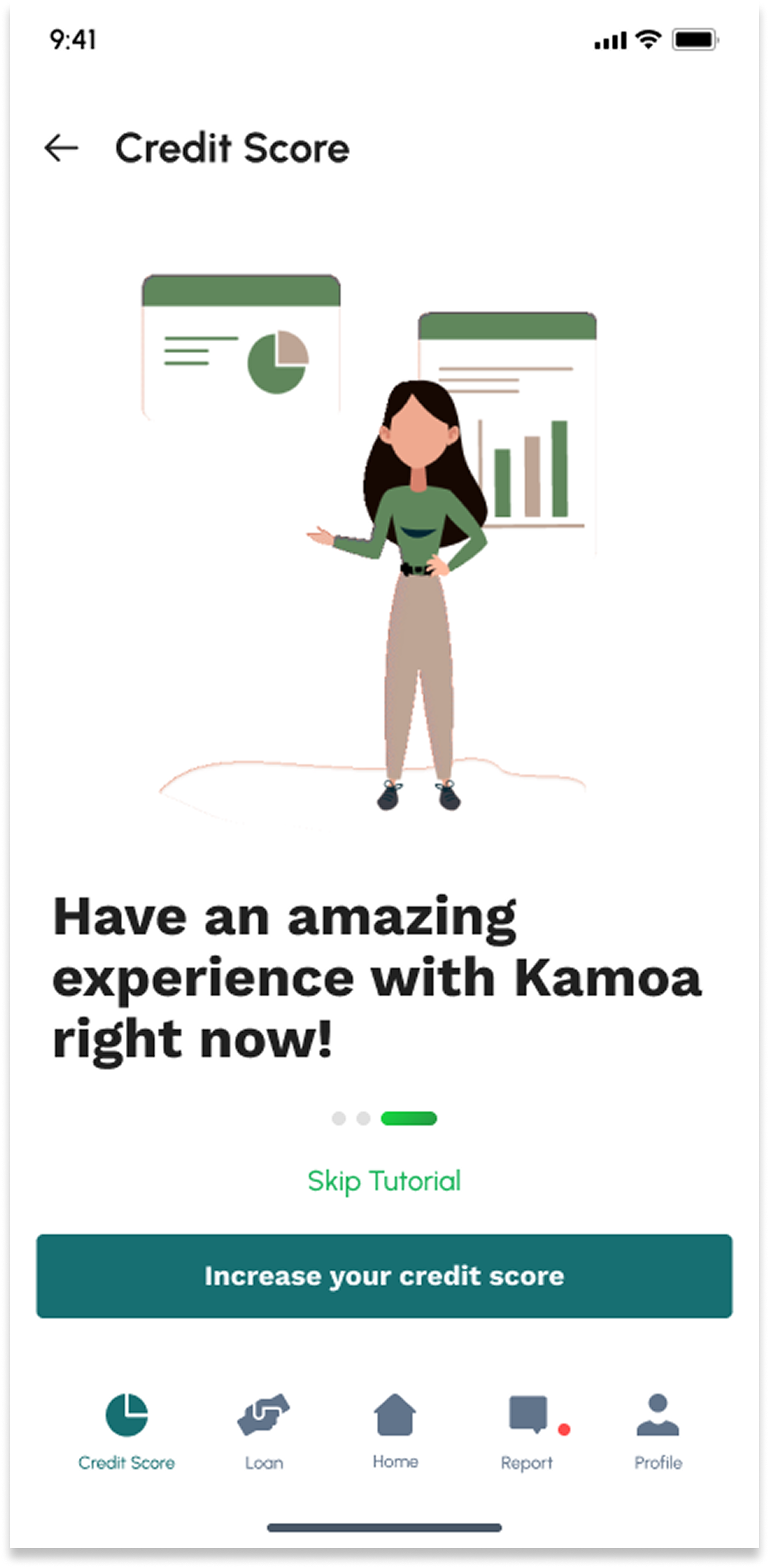 Credit Score tutorial screen with an illustration, the headline Have an amazing experience with Kamoa right now, Skip Tutorial, and an Increase your credit score button.