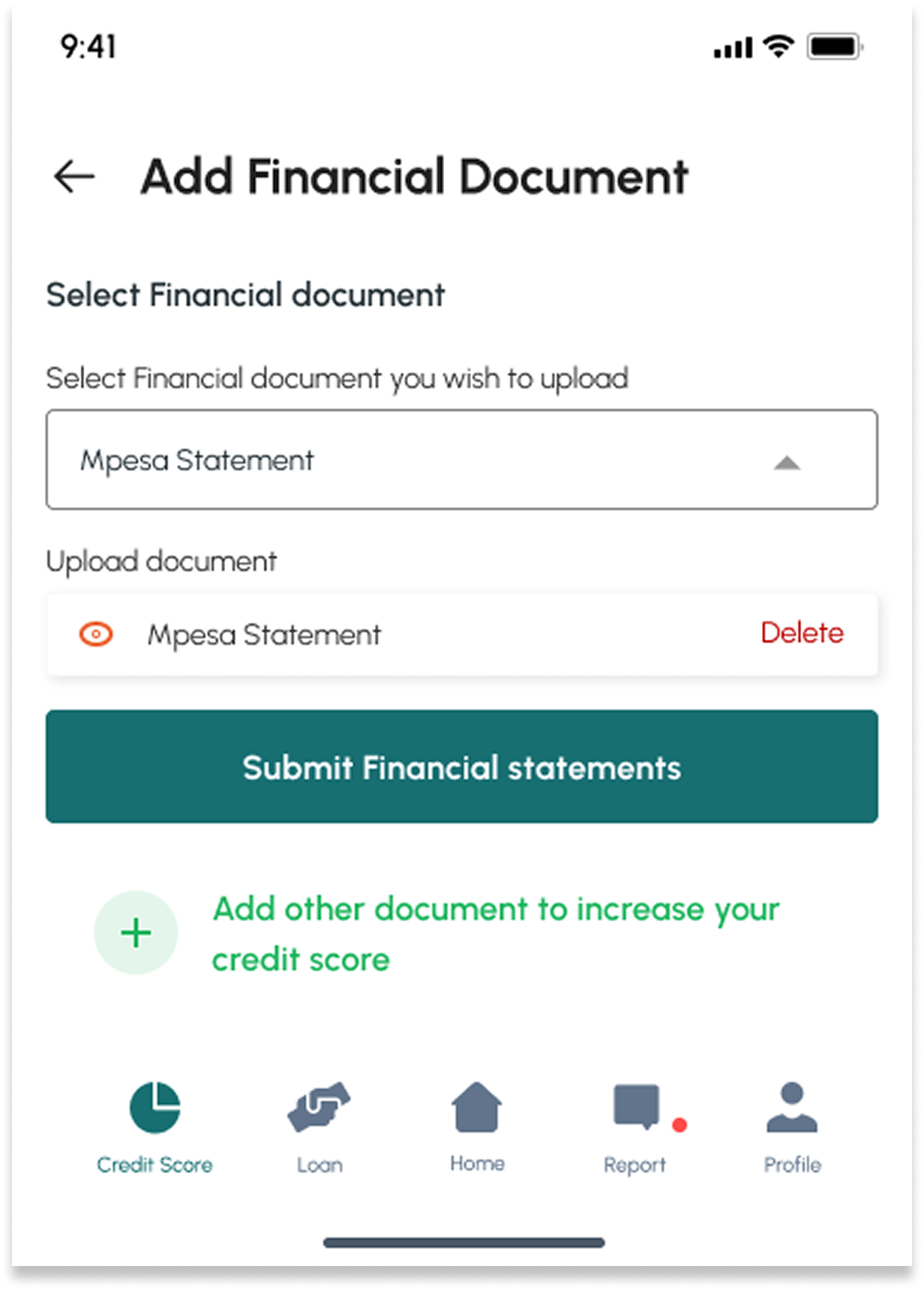 Add Financial Document with an Mpesa Statement attached and deletable, an active Submit Financial statements button, and an add other document prompt.