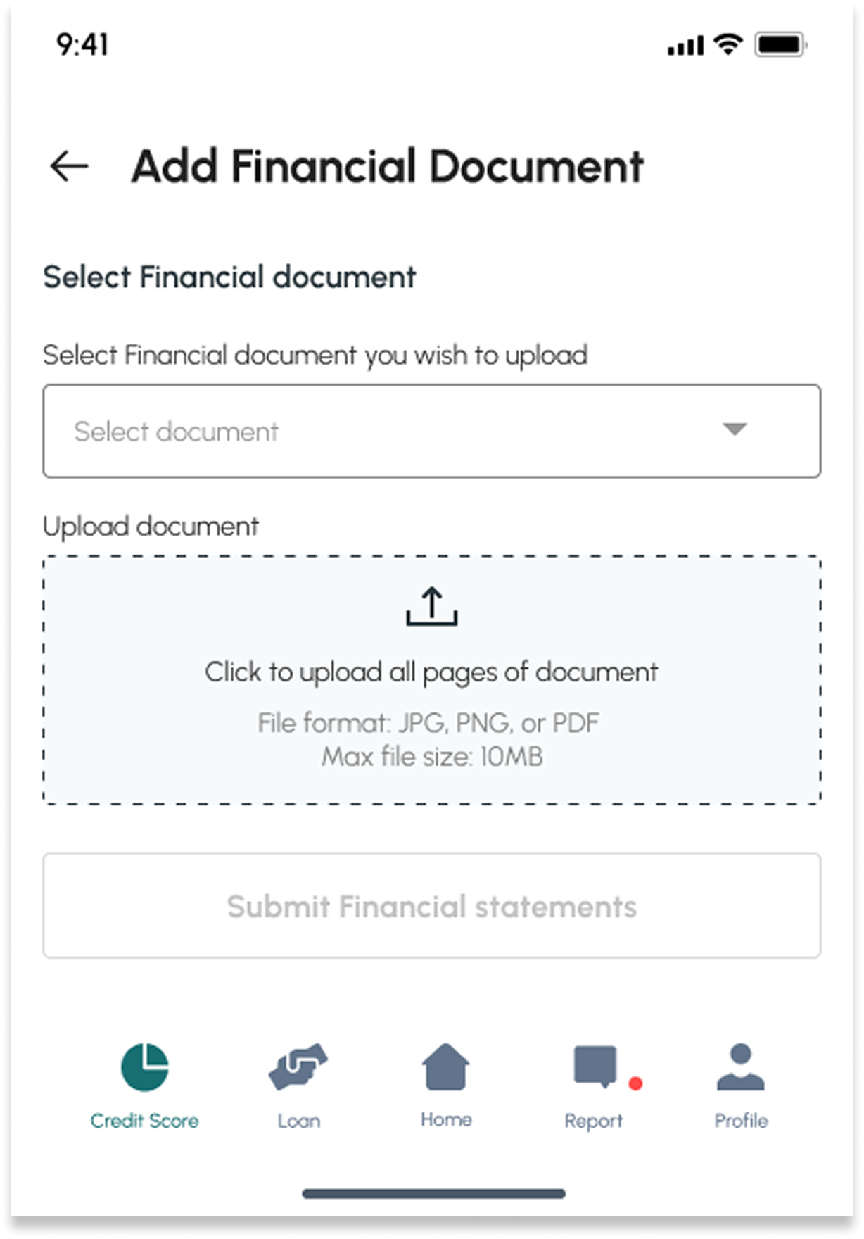Add Financial Document screen with an empty Select document dropdown, a dashed upload area, and a disabled Submit Financial statements button.