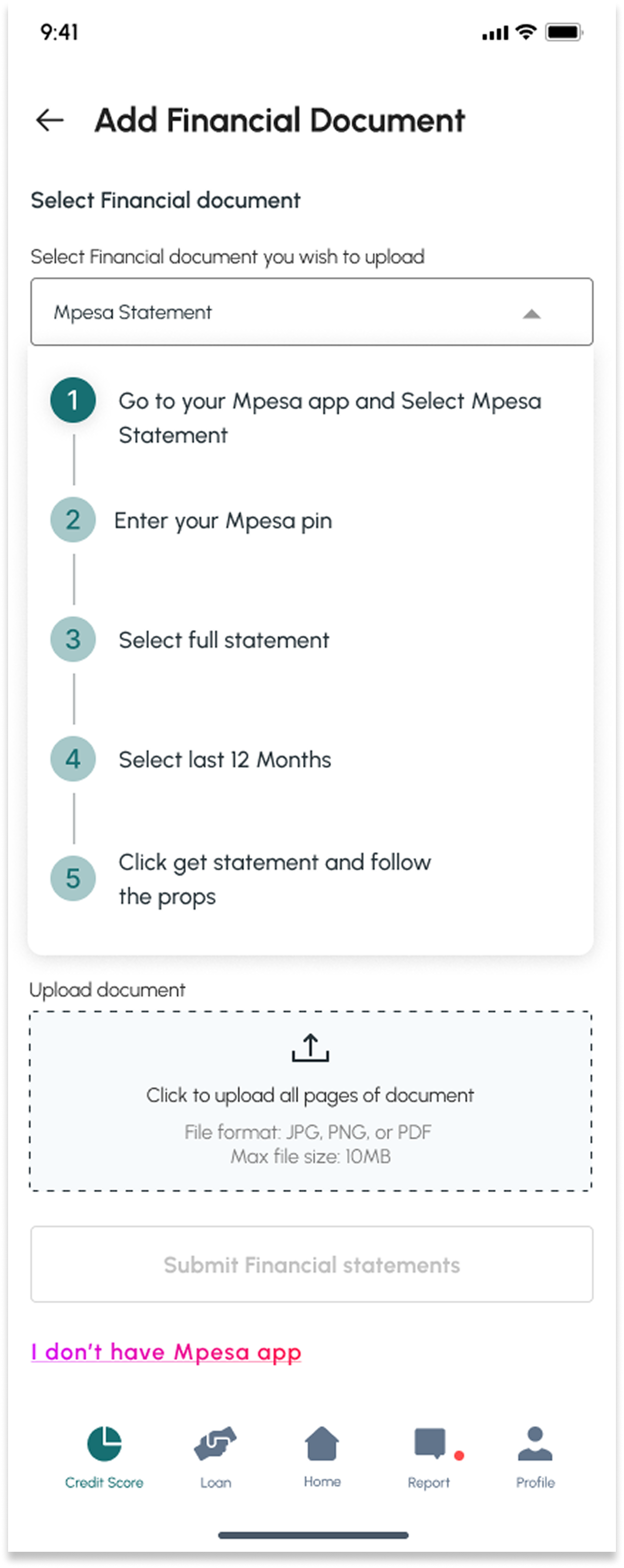 Add Financial Document with Mpesa Statement selected, showing five numbered steps for getting the statement, an upload area, and an I don't have Mpesa app link.