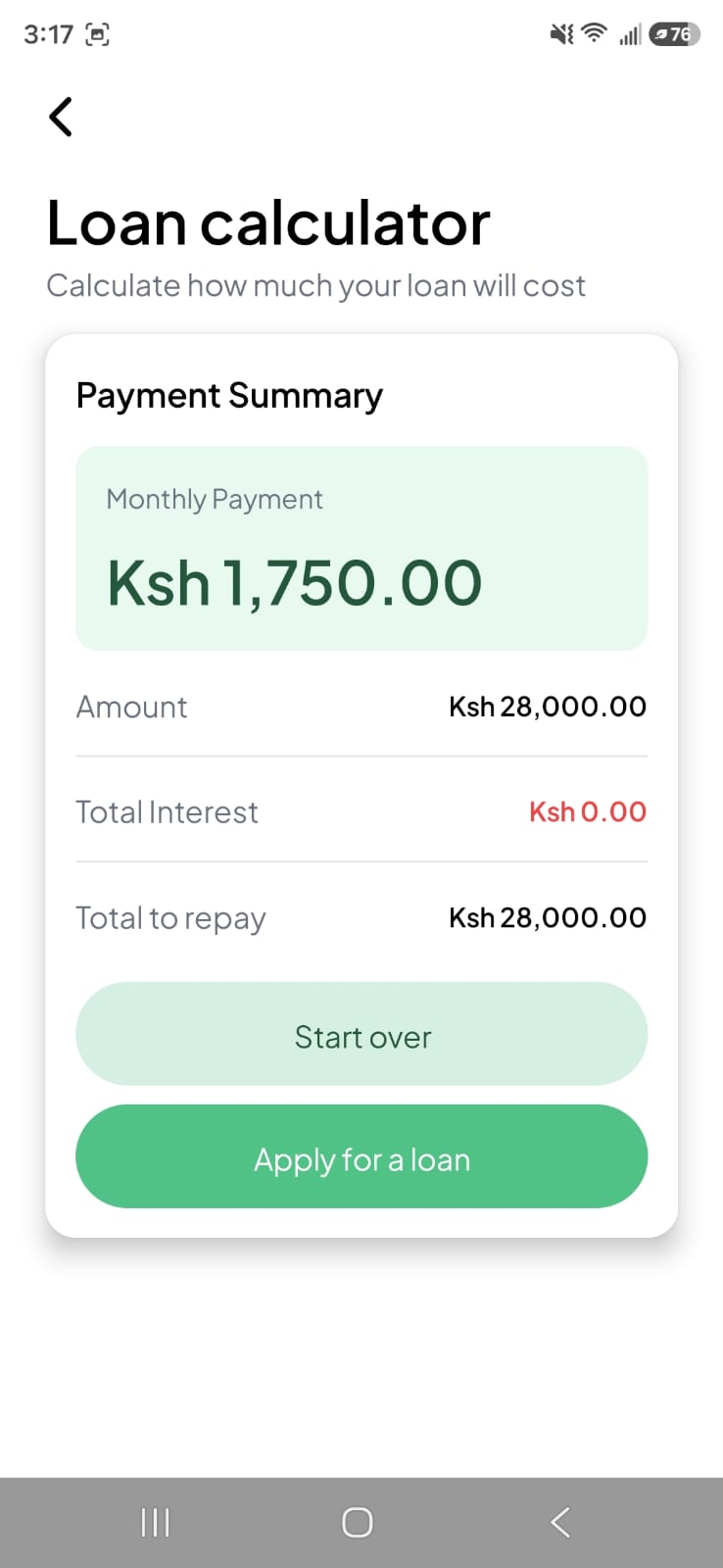 Loan calculator payment summary: monthly payment Ksh 1,750.00, amount Ksh 28,000.00, total interest Ksh 0.00, with Start over and Apply for a loan buttons.