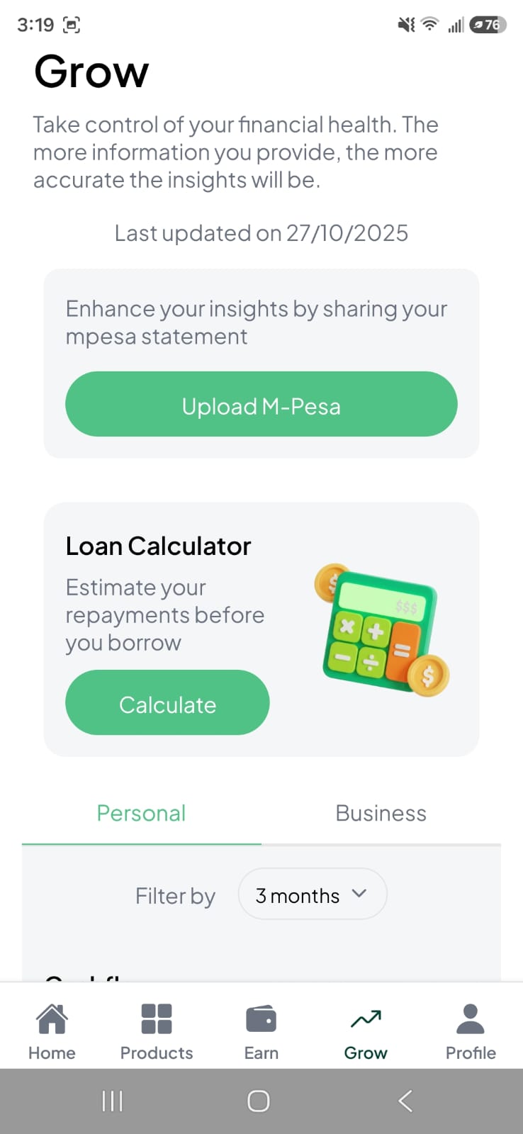 Grow tab with an Upload M-Pesa prompt, the loan calculator card, and Personal and Business filters.