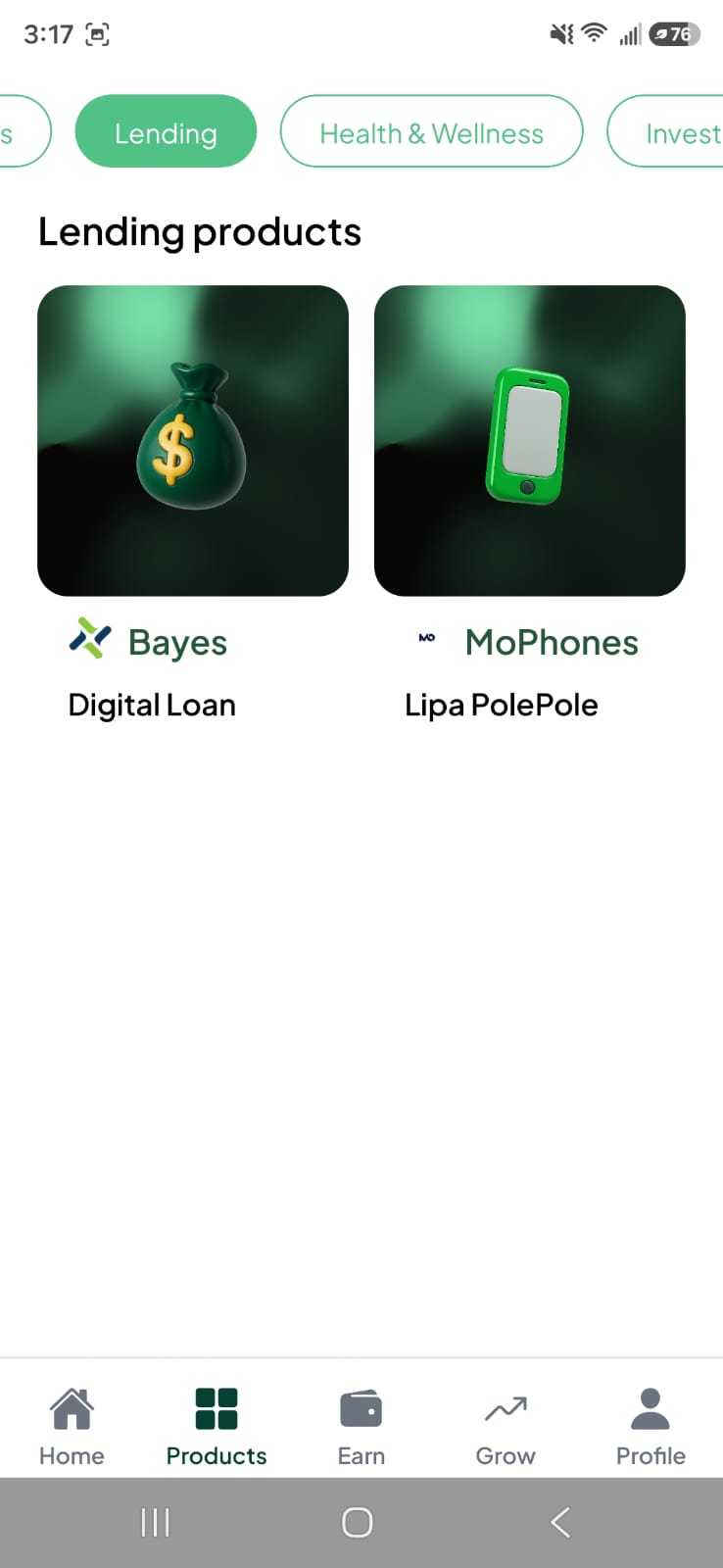Lending products tab showing Bayes Digital Loan and MoPhones Lipa PolePole as cards.