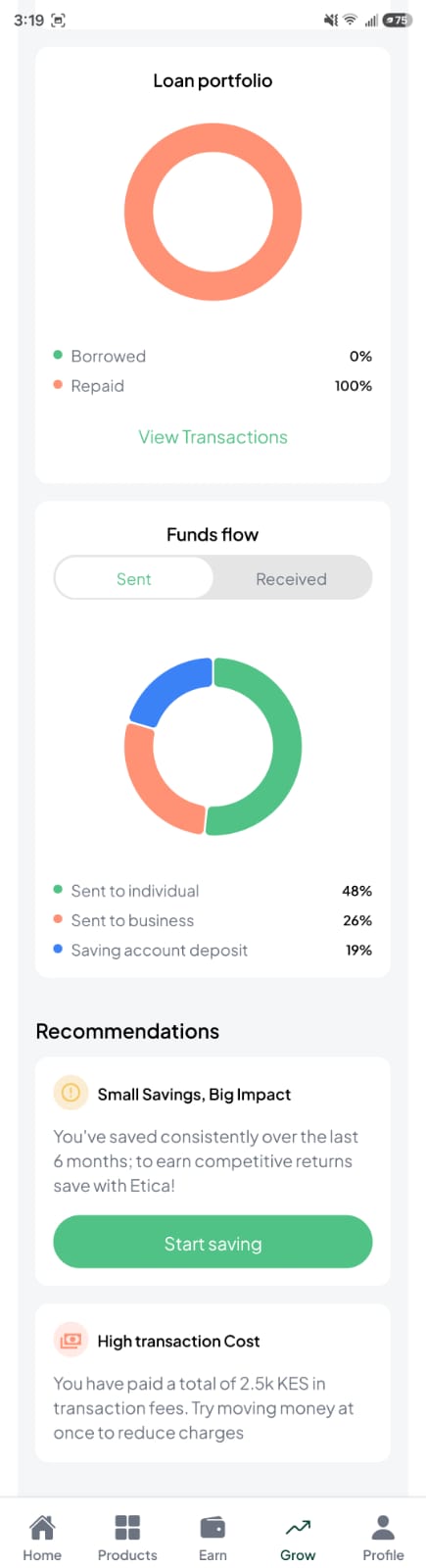 Loan portfolio and funds flow donut charts above two recommendation cards: Small Savings Big Impact and High transaction Cost.