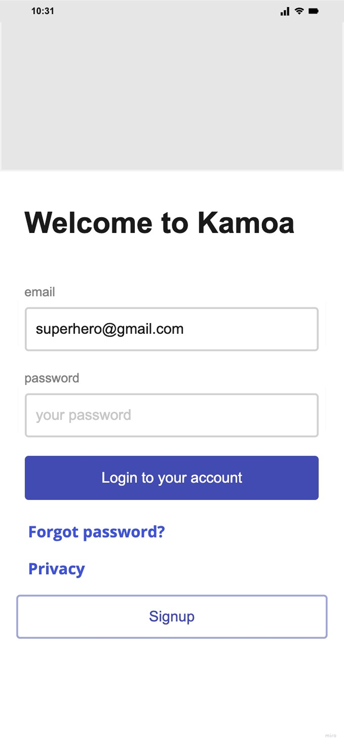 Wireframe of the Welcome to Kamoa login screen.