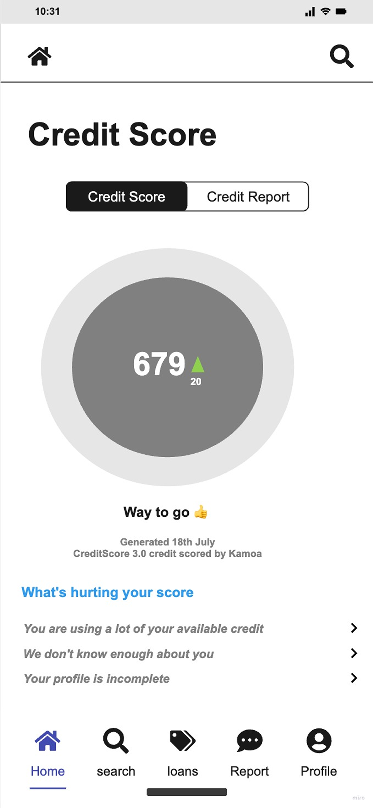 Wireframe of the credit score screen with a score dial.