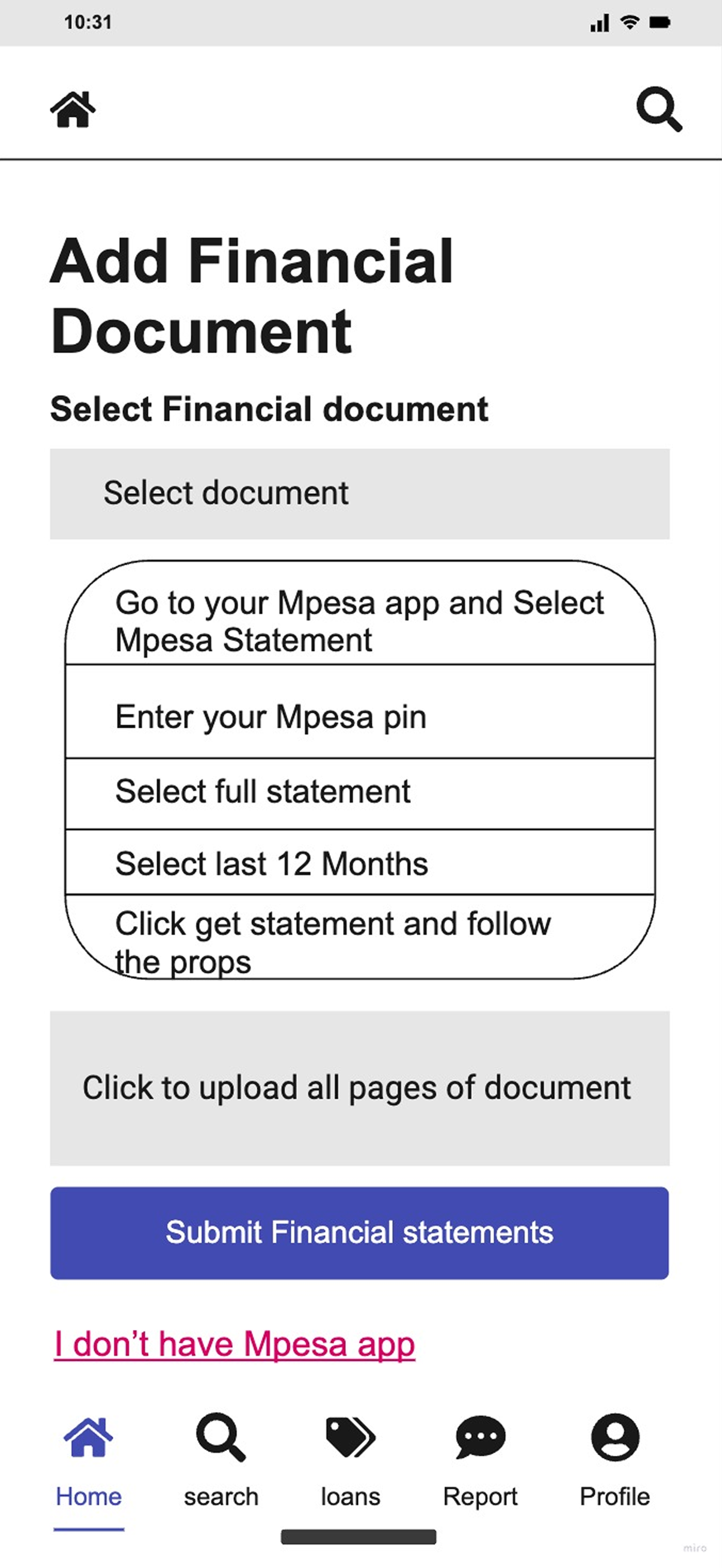 Wireframe of the document upload screen with the statement instructions listed.