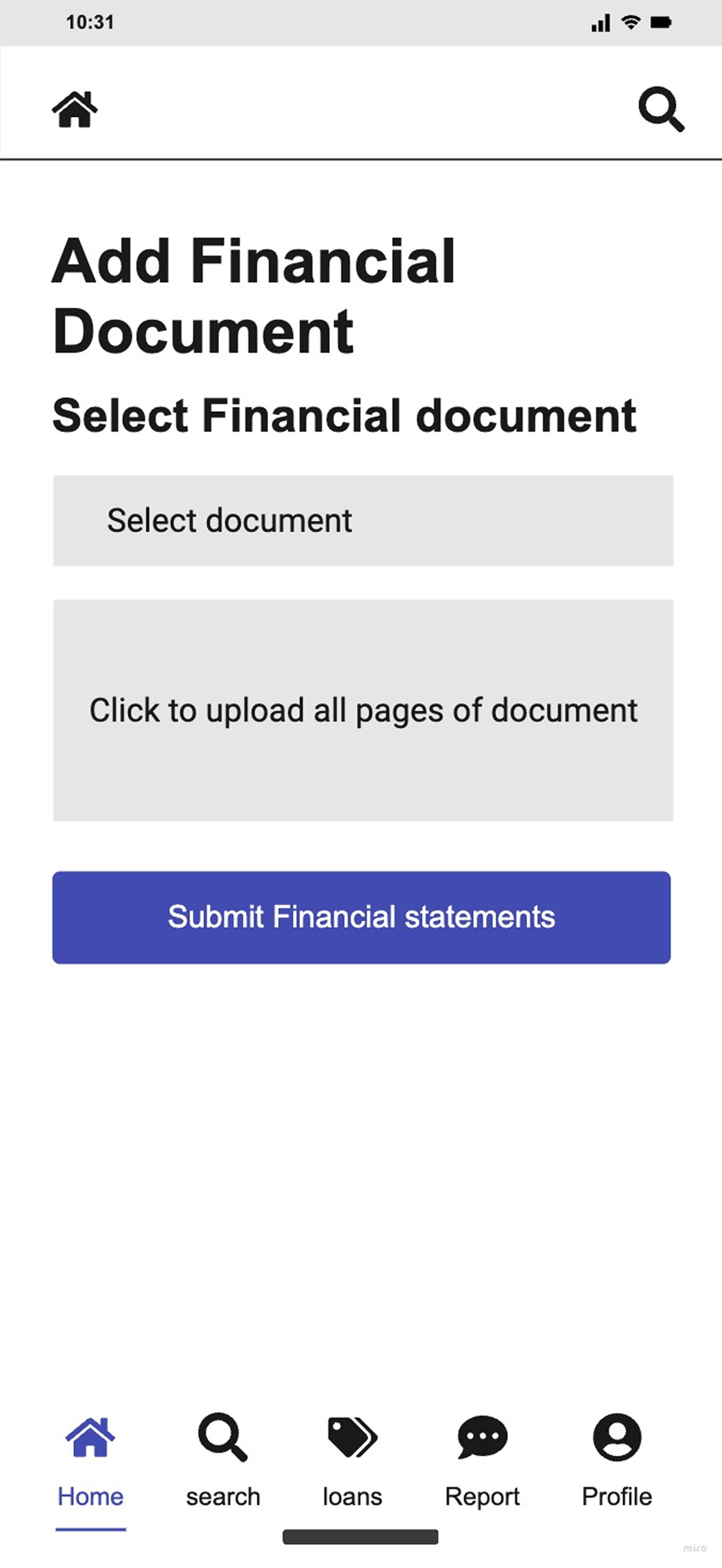Wireframe of the add financial document screen.
