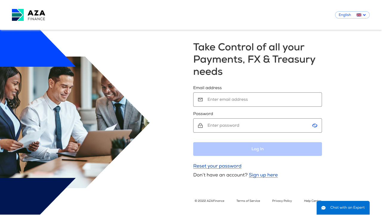 AZA Finance sign-in screen with email and password fields and the headline Take Control of all your Payments, FX and Treasury needs.