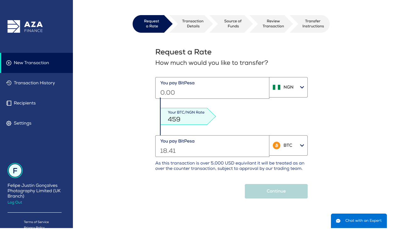 Request a Rate screen with a five-step breadcrumb: Request a Rate, Transaction Details, Source of Funds, Review Transaction, Transfer Instructions.