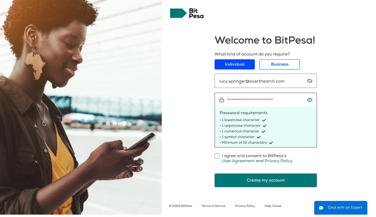 AZA Finance sign-up screen: a new user chooses an individual or business account, enters an email address, and sees live password-strength checks.